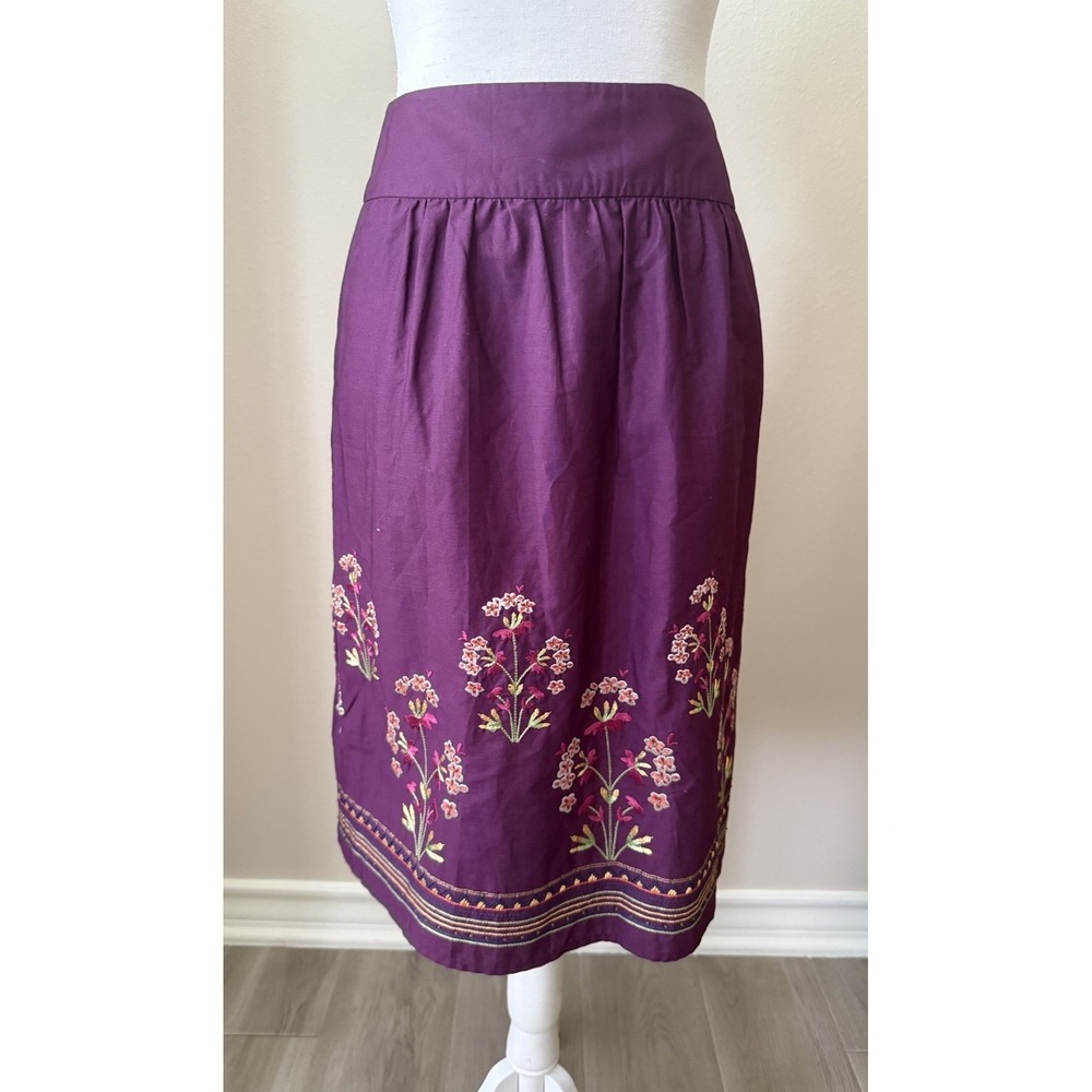 Talbots Petites 6 Plum Embroidered Floral Cotton Midi Skirt Boho Cottagecore